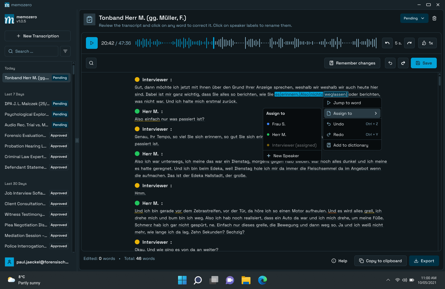 Verschiedene Ansichten der memozero Benutzeroberfläche mit Audio-Wellenform, Sprechertrennung und interaktivem Transkriptions-Editor.