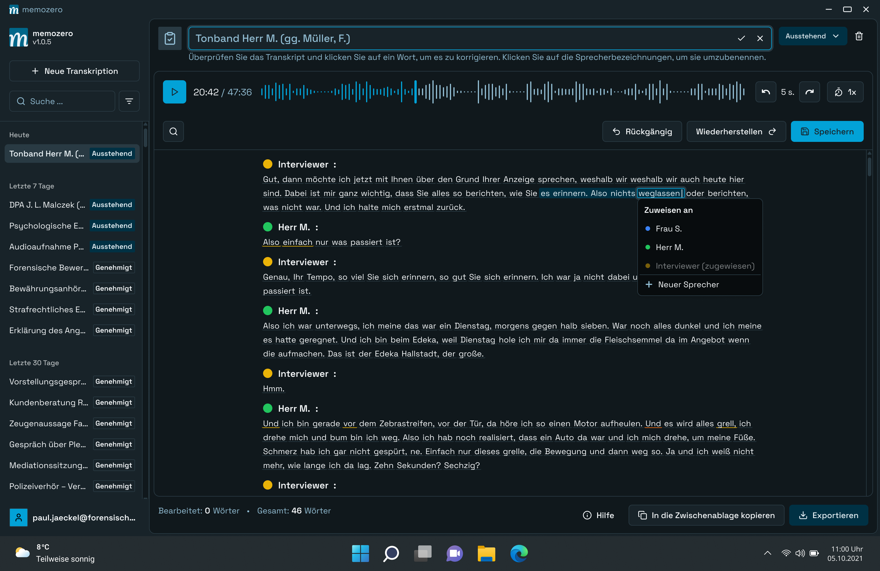 Verschiedene Ansichten der memozero Benutzeroberfläche mit Audio-Wellenform, Sprechertrennung und interaktivem Transkriptions-Editor.